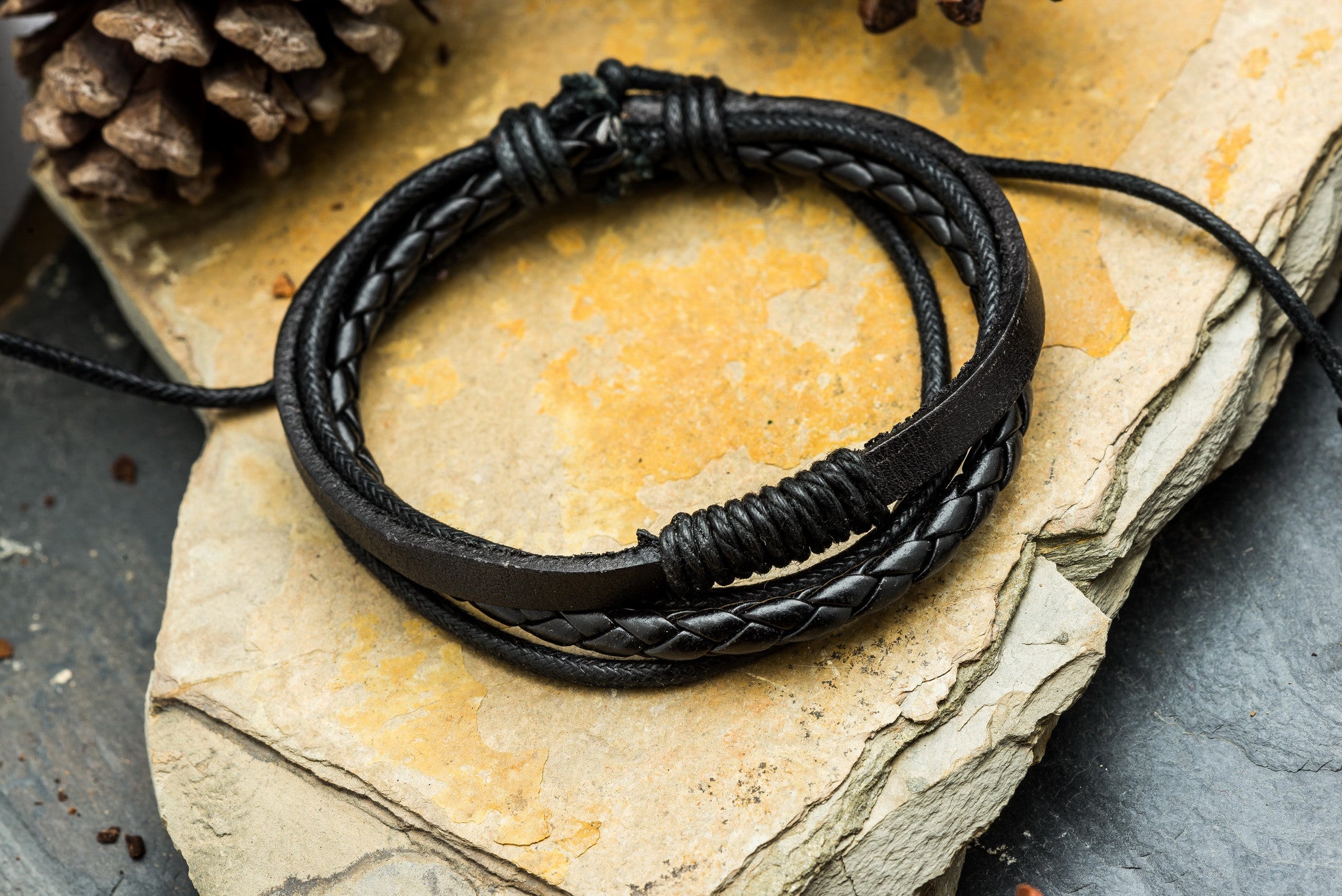Handmade Thai Leather Bracelet 5 Strand Multi Weave Black Boho